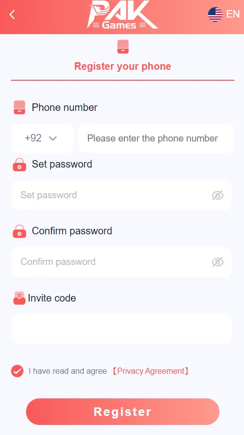 Pak Game register page
